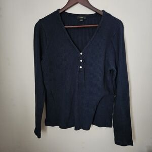 J.Crew Top Long Sleeve Ribbed V-Neck Navy Blue Buttons Casual Neutral Lounge